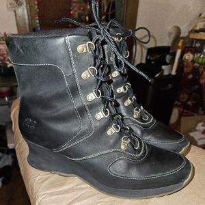 Timberland Womens Black Leather 12 Eye Lace Up Ankle Wedge Heel Booties
